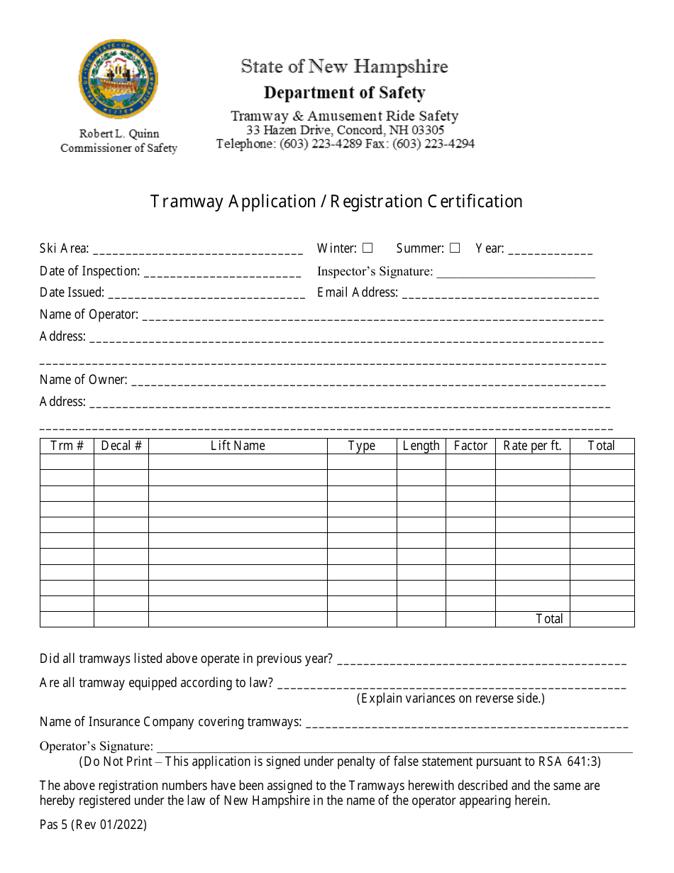 Form Pas5 Tramway Application / Registration Certification - New Hampshire, Page 1