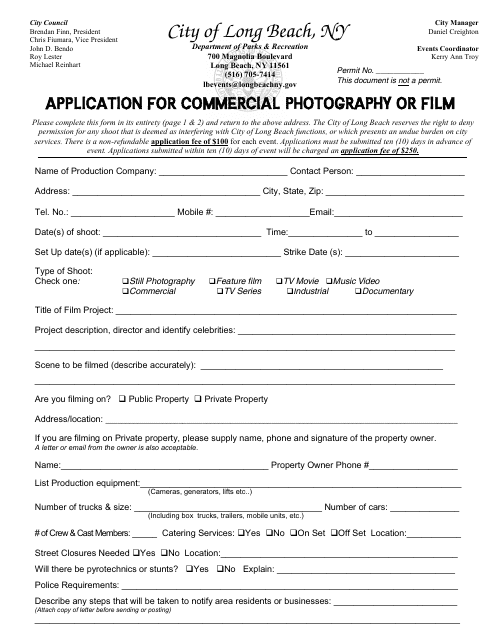 Application for Commercial Photography or Film - City of Long Beach, New York Download Pdf