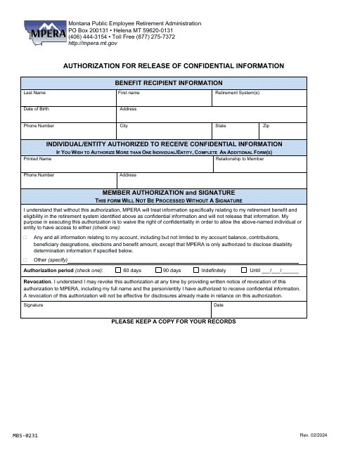 Form MBS-0231 Authorization for Release of Confidential Information - Montana