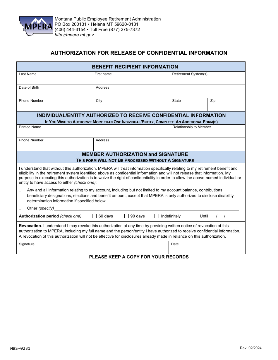 Form MBS-0231 Authorization for Release of Confidential Information - Montana, Page 1