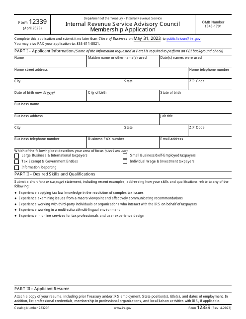 IRS Form 12339 Internal Revenue Service Advisory Council Membership Application