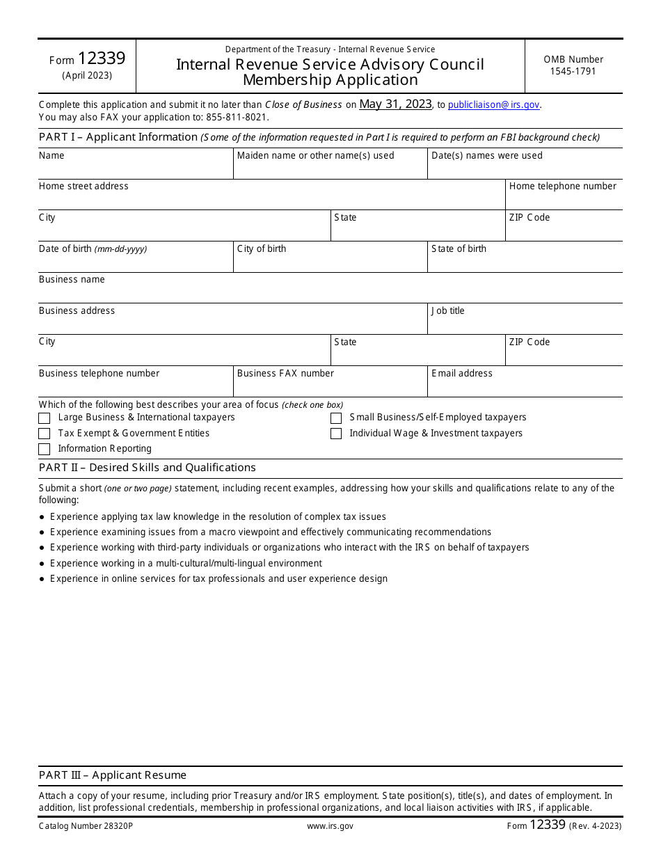 IRS Form 12339 Internal Revenue Service Advisory Council Membership Application, Page 1