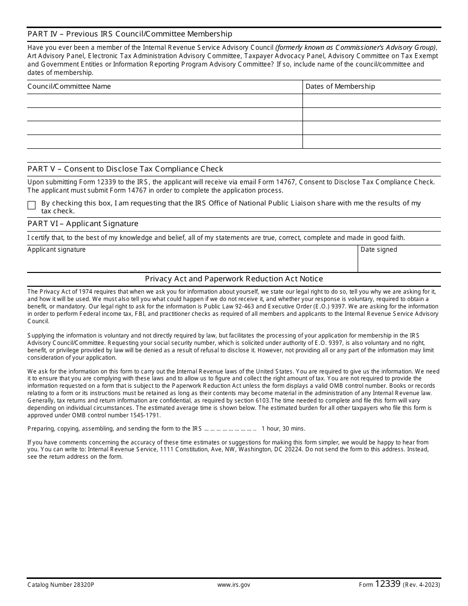 IRS Form 12339 Internal Revenue Service Advisory Council Membership Application, Page 2