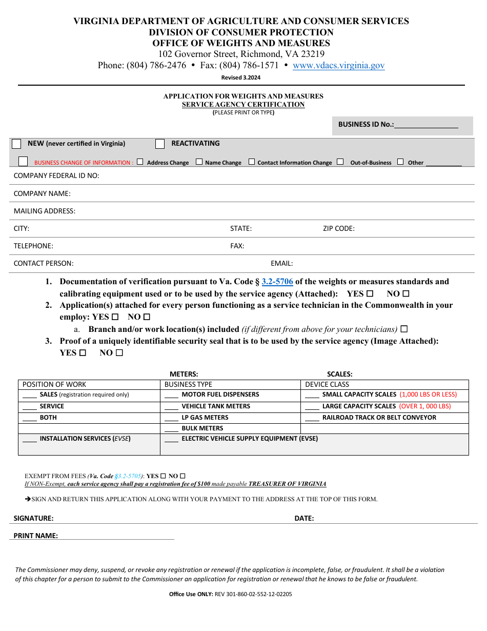 Application for Weights and Measures Service Agency Certification - Virginia, Page 1