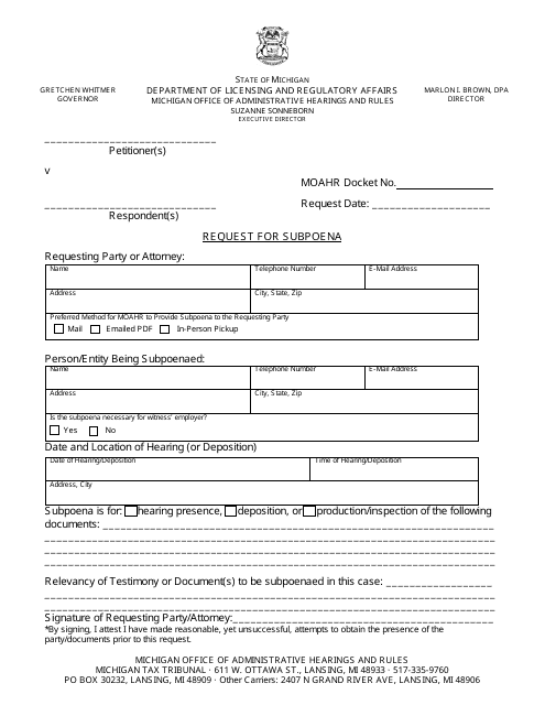 Request for Subpoena - Michigan Download Pdf