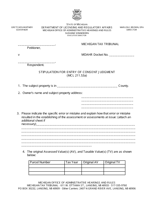 Stipulation for Entry of Consent Judgment - Michigan Download Pdf