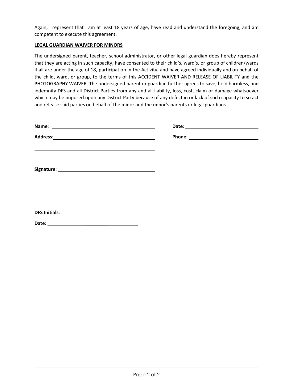 Accident Waiver and Release of Liability - Washington, D.C., Page 2