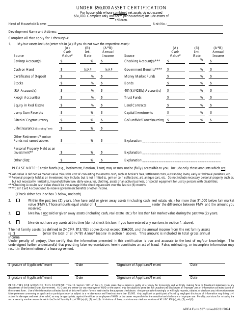 ADFA Form 507 Under $50,000 Asset Certification - Arkansas