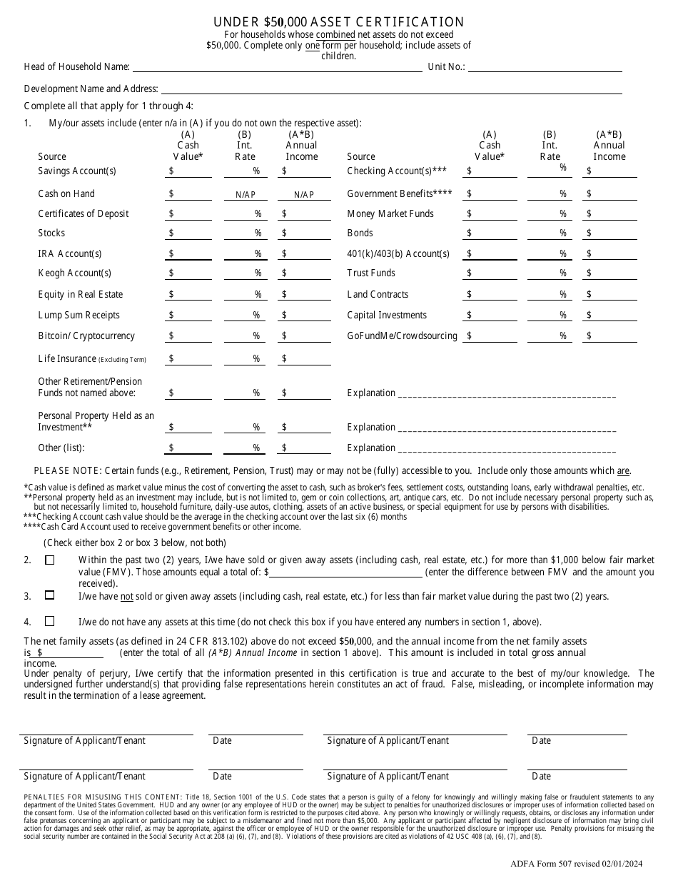 ADFA Form 507 Under $50,000 Asset Certification - Arkansas, Page 1