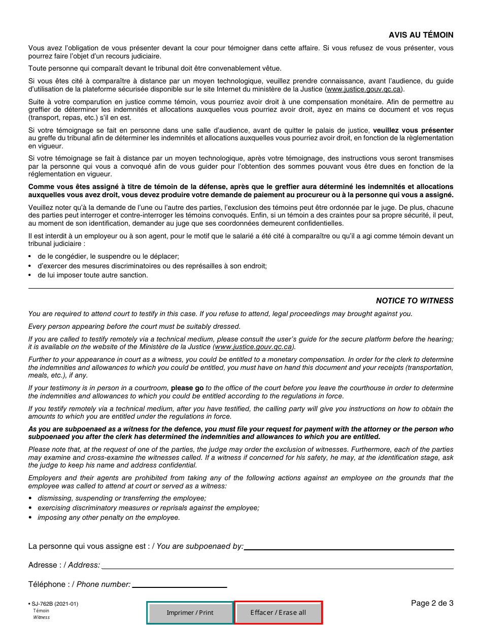 Form 16 (SJ-762B) Subpoena to a Witness as the Request of the Defence - Quebec, Canada (English / French), Page 2