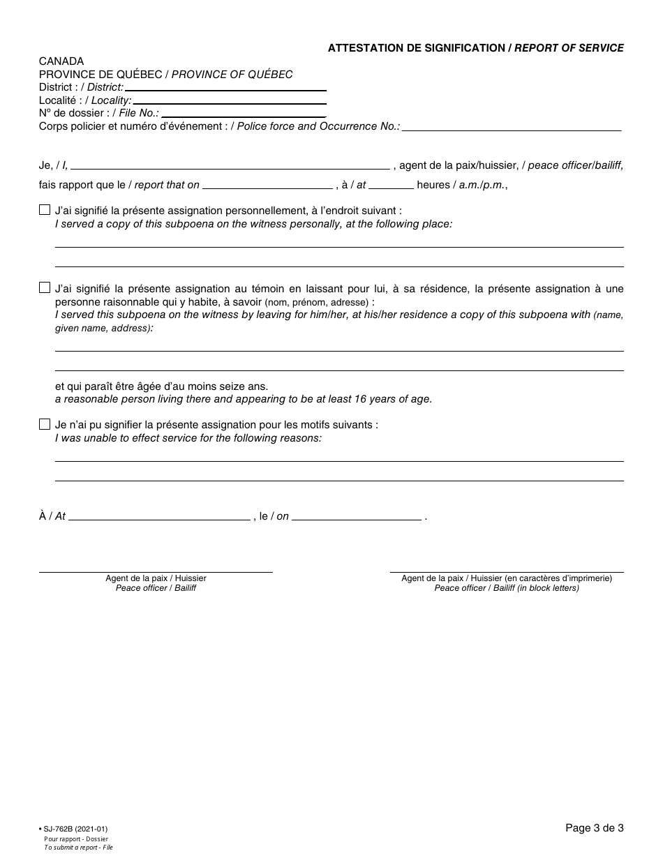 Form 16 (SJ-762B) Subpoena to a Witness as the Request of the Defence - Quebec, Canada (English / French), Page 3