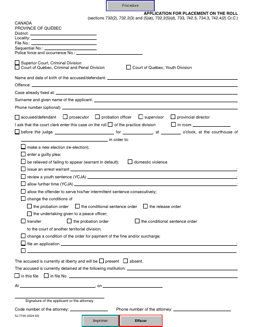 Form SJ-779A Application for Placement on the Roll - Quebec, Canada