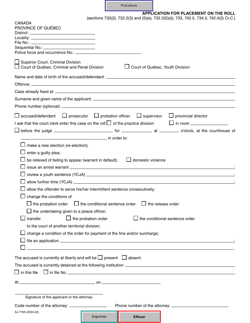 Form SJ-779A Application for Placement on the Roll - Quebec, Canada, Page 1