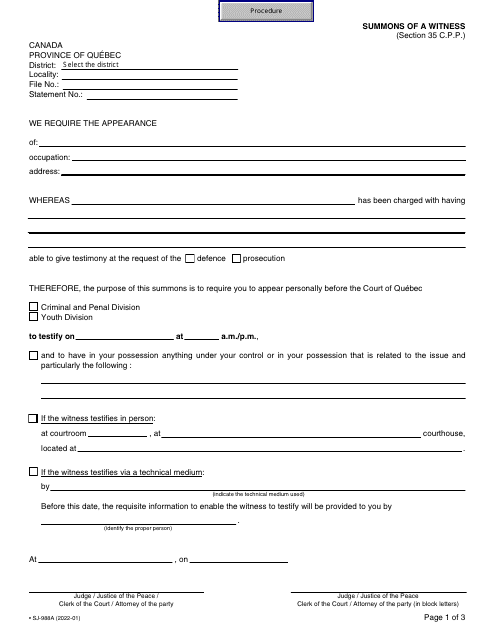 Form SJ-988A Summons of a Witness - Quebec, Canada