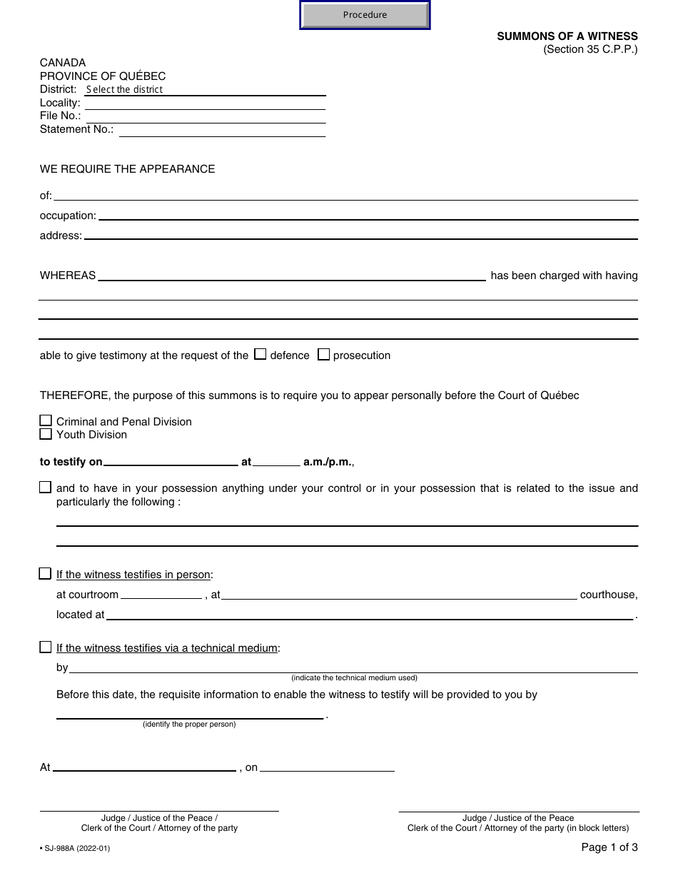 Form SJ-988A Summons of a Witness - Quebec, Canada, Page 1