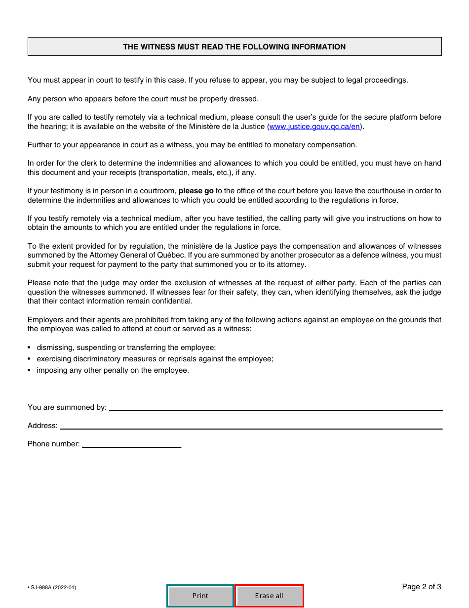 Form SJ-988A - Fill Out, Sign Online and Download Fillable PDF, Quebec ...