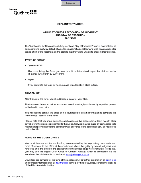 Form SJ-721A Application for Revocation of Judgment and Stay of Execution - Quebec, Canada