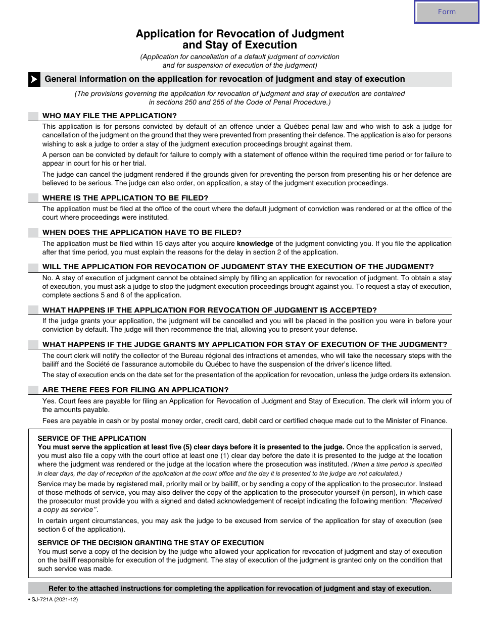 Form SJ-721A Application for Revocation of Judgment and Stay of Execution - Quebec, Canada, Page 2