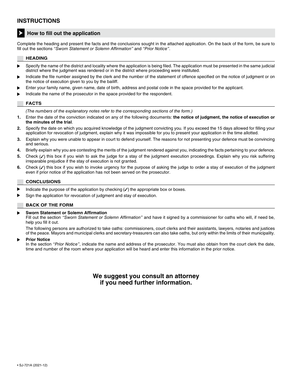 Form SJ-721A Application for Revocation of Judgment and Stay of Execution - Quebec, Canada, Page 3