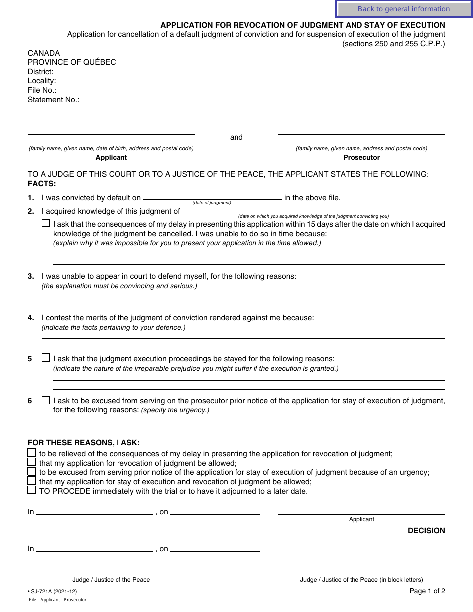 Form SJ-721A Application for Revocation of Judgment and Stay of Execution - Quebec, Canada, Page 4
