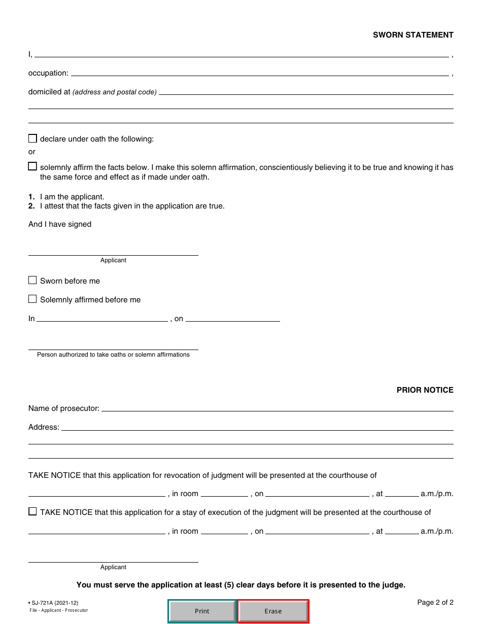 Form SJ-721A Application for Revocation of Judgment and Stay of Execution - Quebec, Canada, Page 5