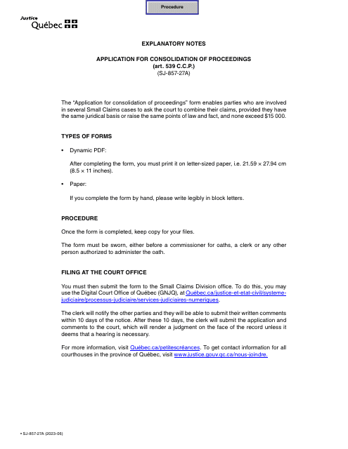 Form SJ-857-27A Application for Consolidation of Proceedings - Quebec, Canada