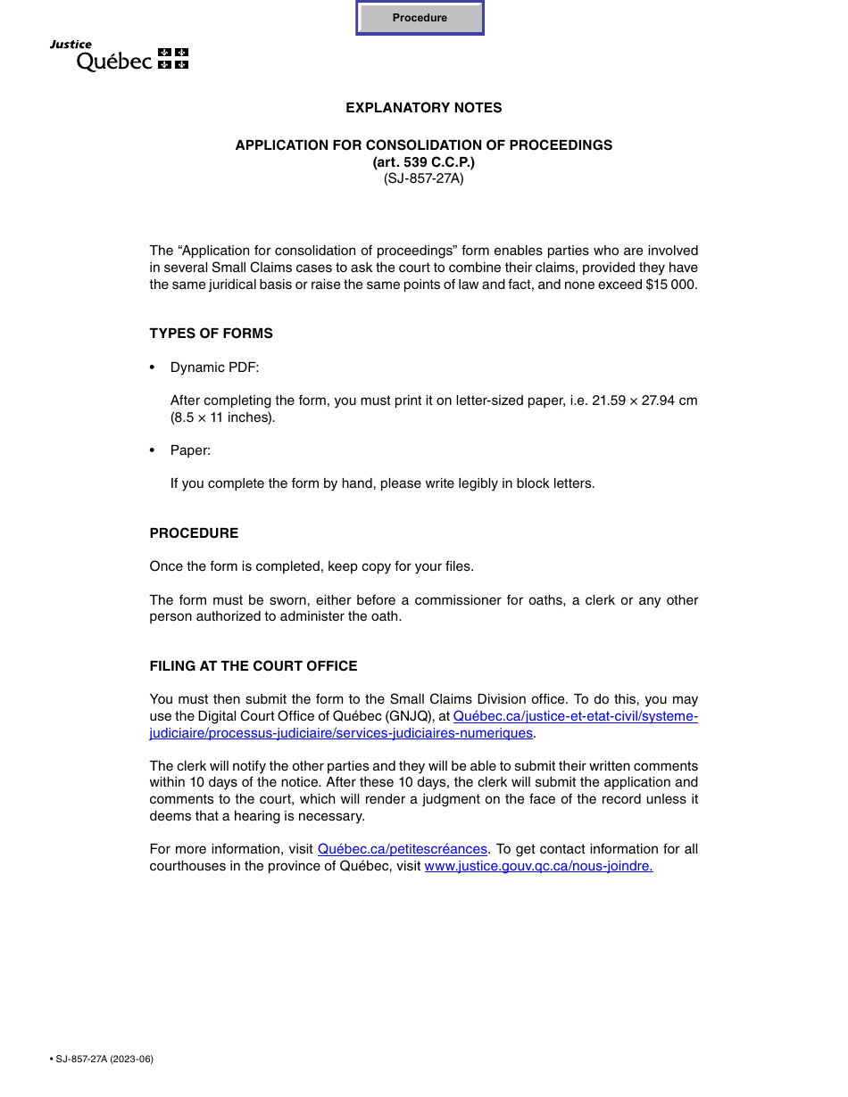 Form SJ-857-27A Application for Consolidation of Proceedings - Quebec, Canada, Page 1