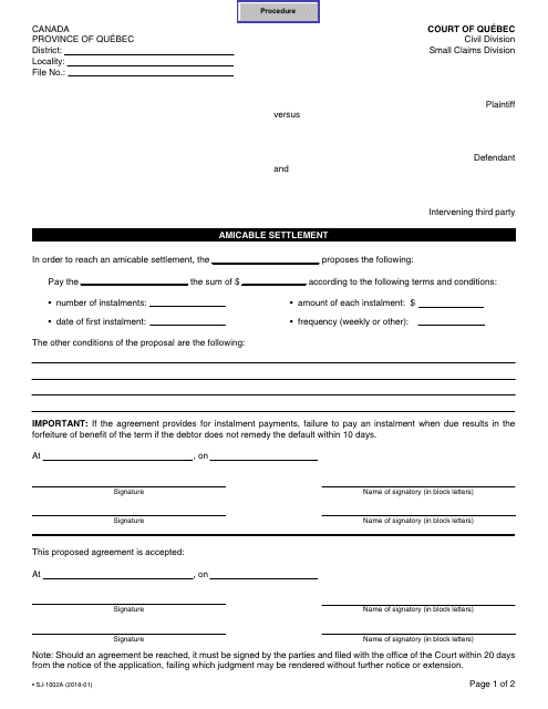 Form SJ-1002A Amicable Settlement - Quebec, Canada