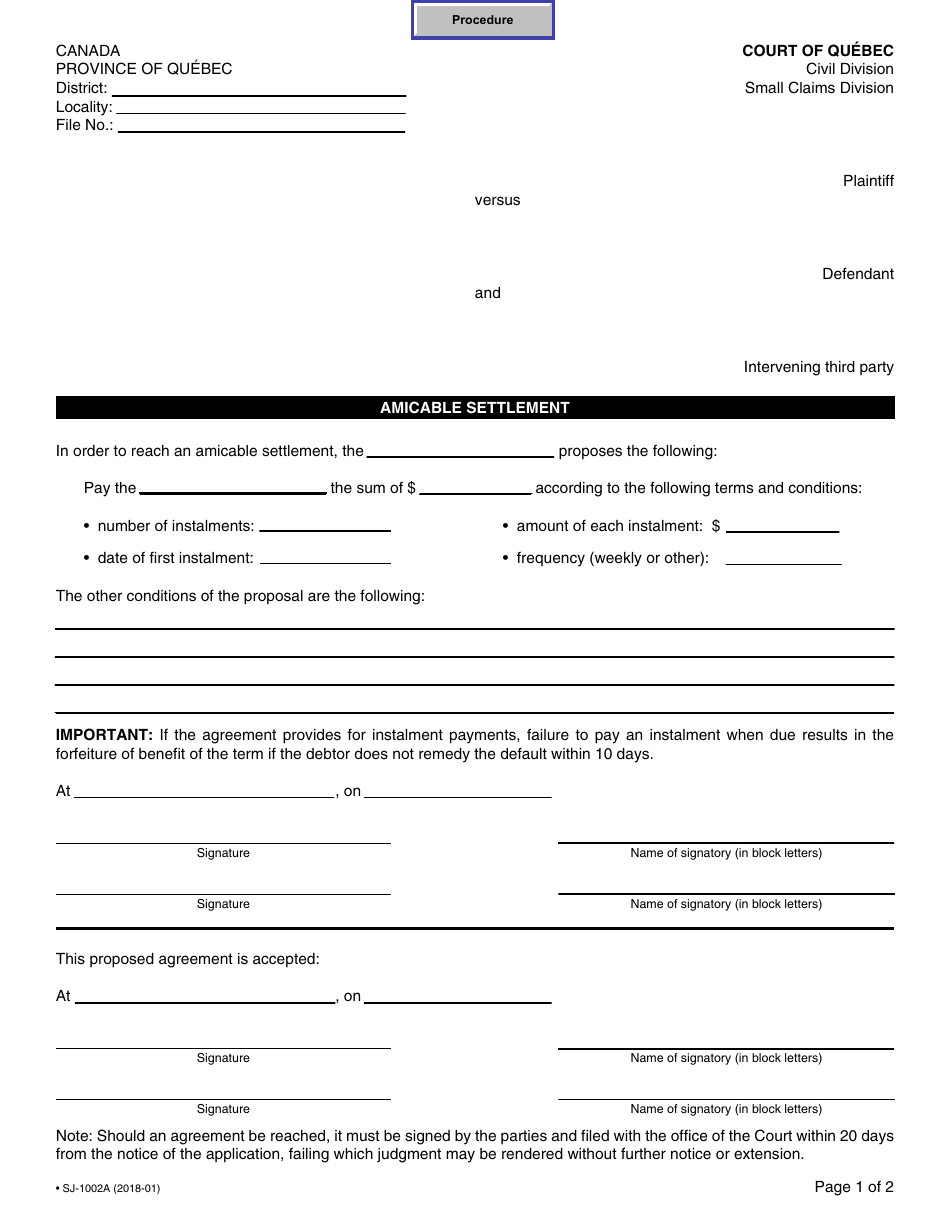 Form SJ-1002A Amicable Settlement - Quebec, Canada, Page 1