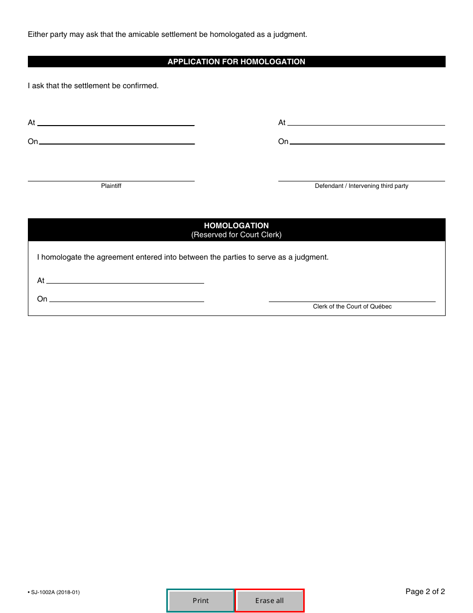 Form SJ-1002A Amicable Settlement - Quebec, Canada, Page 2