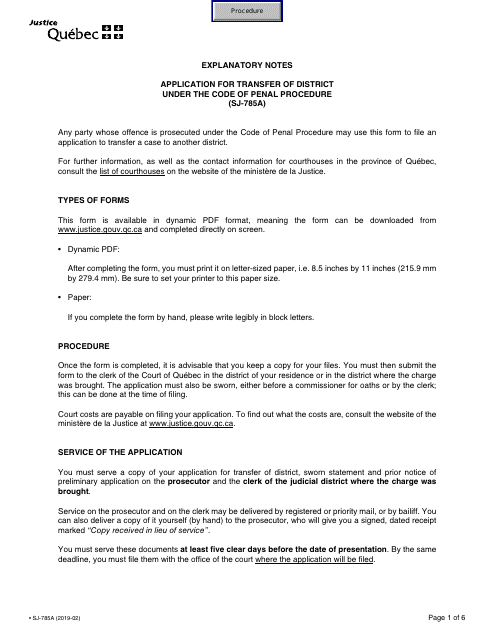 Form SJ-785A Application for Transfer of District - Quebec, Canada