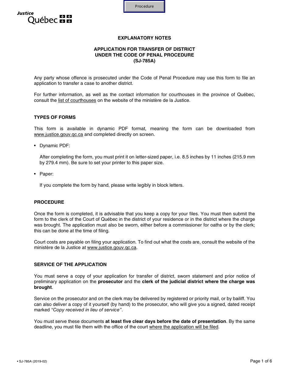 Form SJ-785A Application for Transfer of District - Quebec, Canada, Page 1