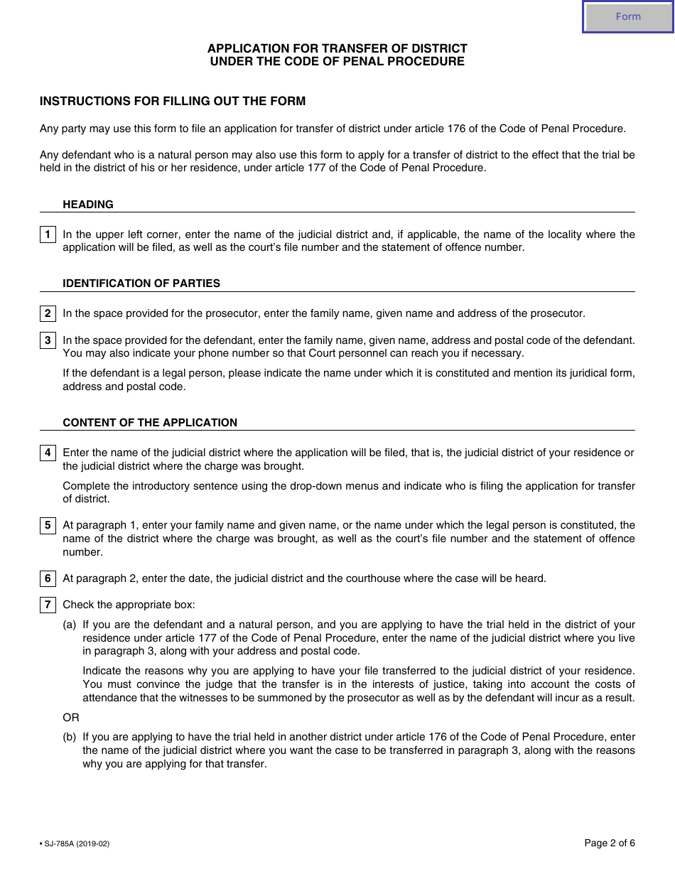 Form SJ-785A Application for Transfer of District - Quebec, Canada, Page 2