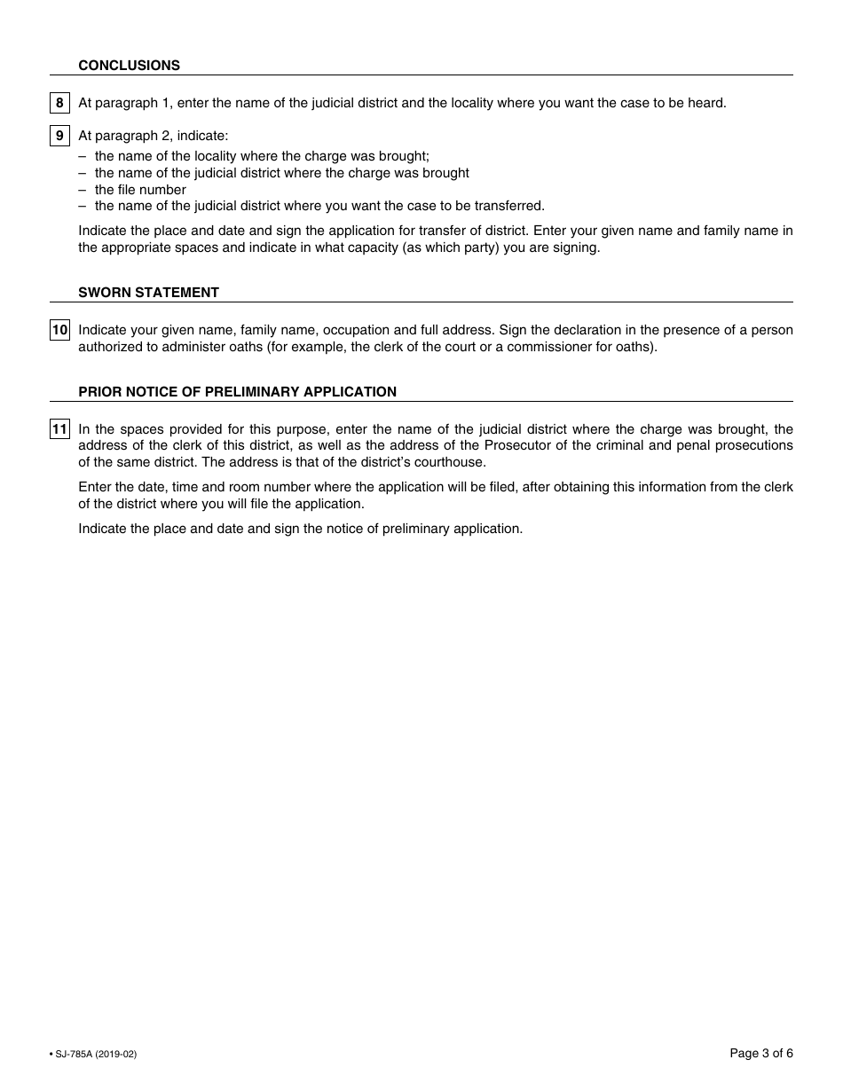Form SJ-785A Application for Transfer of District - Quebec, Canada, Page 3
