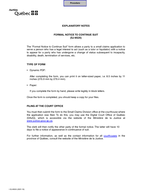 Form SJ-852A Formal Notice to Continue Suit - Quebec, Canada
