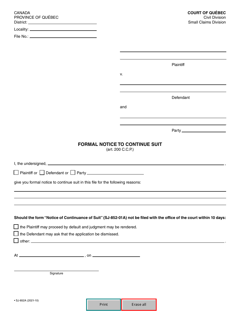 Form SJ-852A Formal Notice to Continue Suit - Quebec, Canada, Page 2