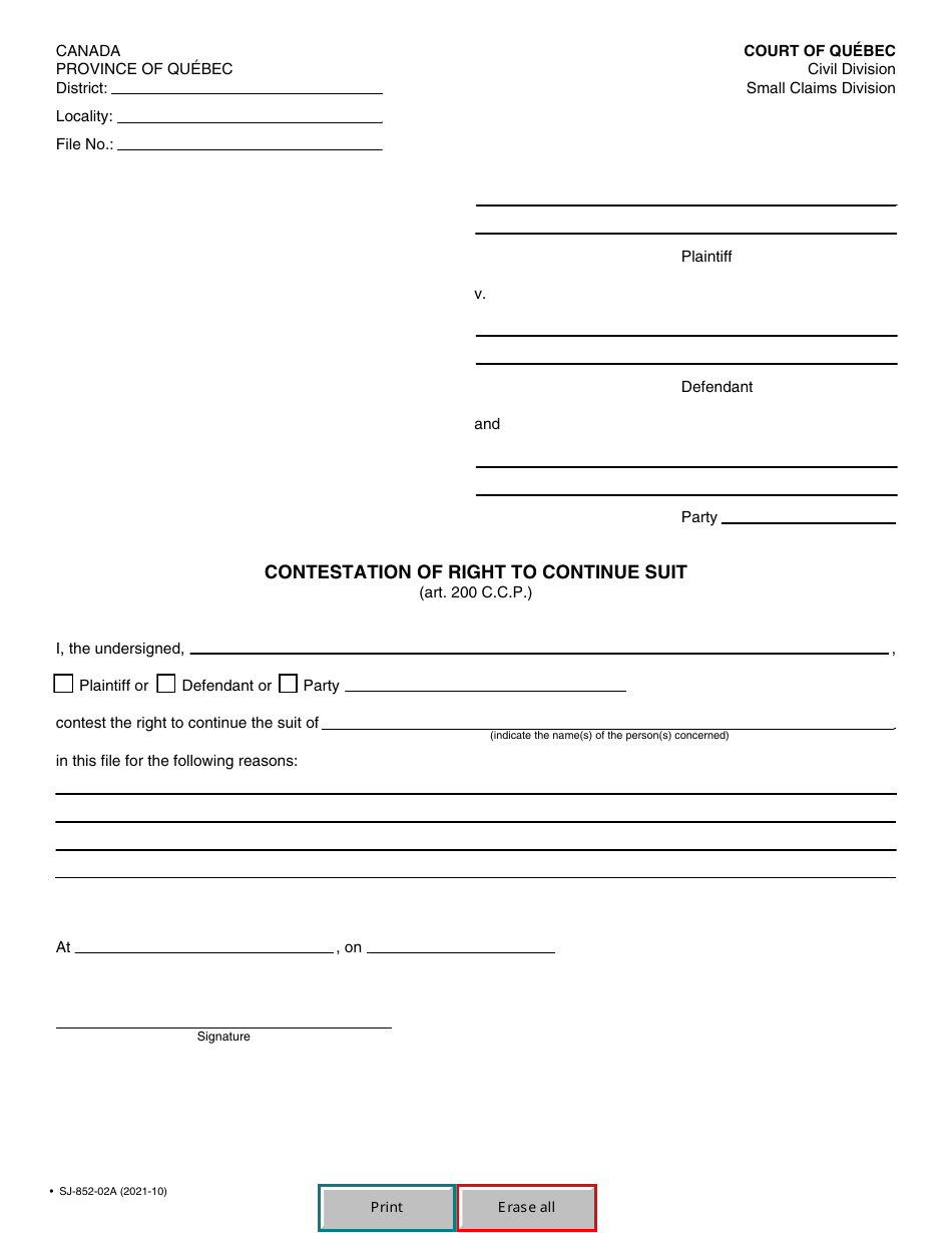 Form SJ-852-02A Contestation of Right to Continue Suit - Quebec, Canada, Page 2