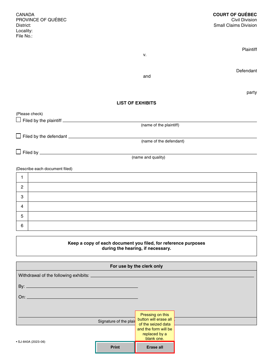 Form SJ-840A List of Exhibits - Quebec, Canada, Page 2