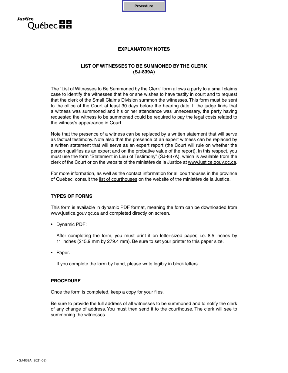 Form SJ-839A List of Witnesses to Be Summoned by the Clerk - Quebec, Canada, Page 1