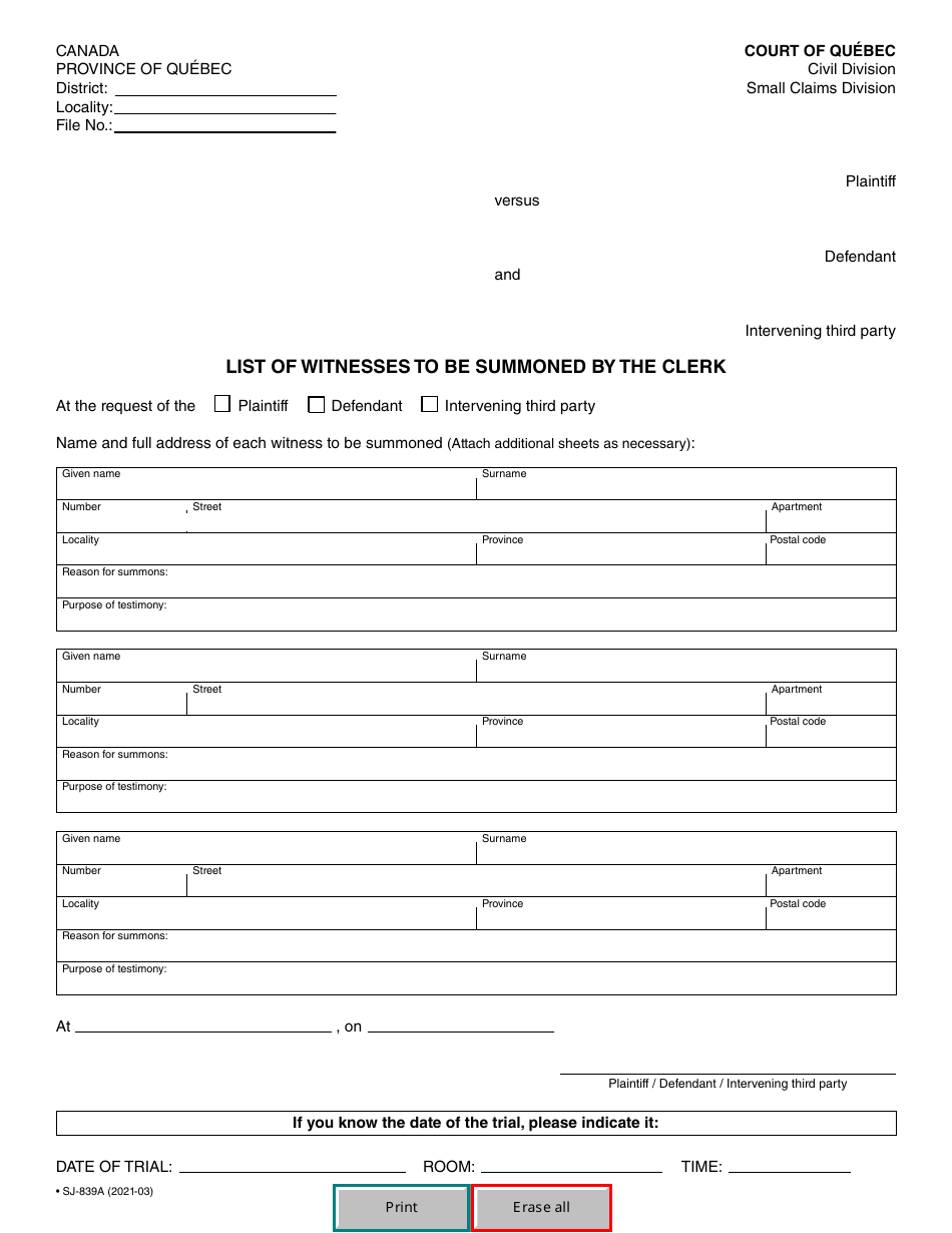 Form SJ-839A List of Witnesses to Be Summoned by the Clerk - Quebec, Canada, Page 2