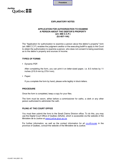 Form SJ-857-14A Application for Authorization to Examine a Person About the Debtor's Property - Quebec, Canada