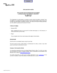 Form SJ-857-14A Application for Authorization to Examine a Person About the Debtor&#039;s Property - Quebec, Canada