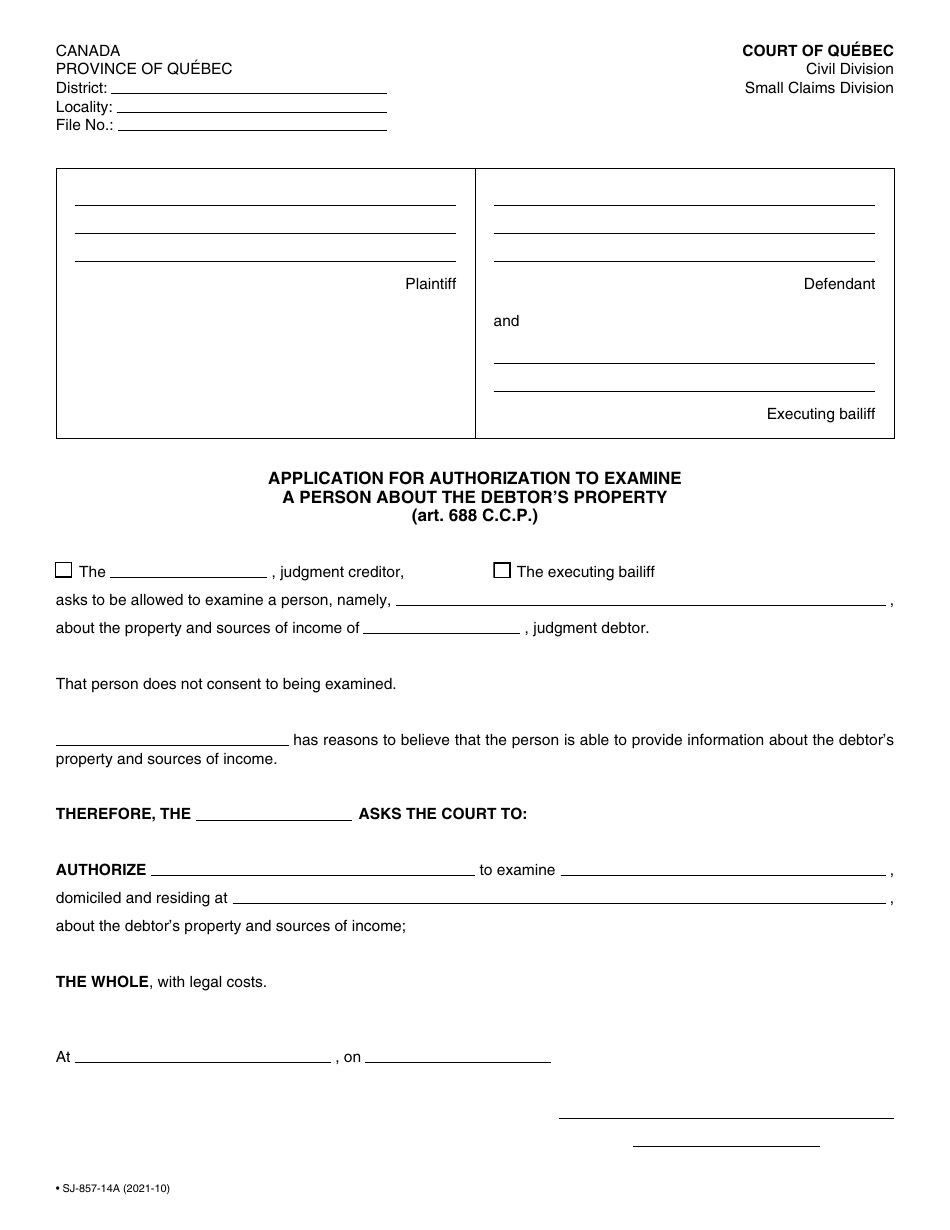 Form SJ-857-14A Application for Authorization to Examine a Person About the Debtors Property - Quebec, Canada, Page 2