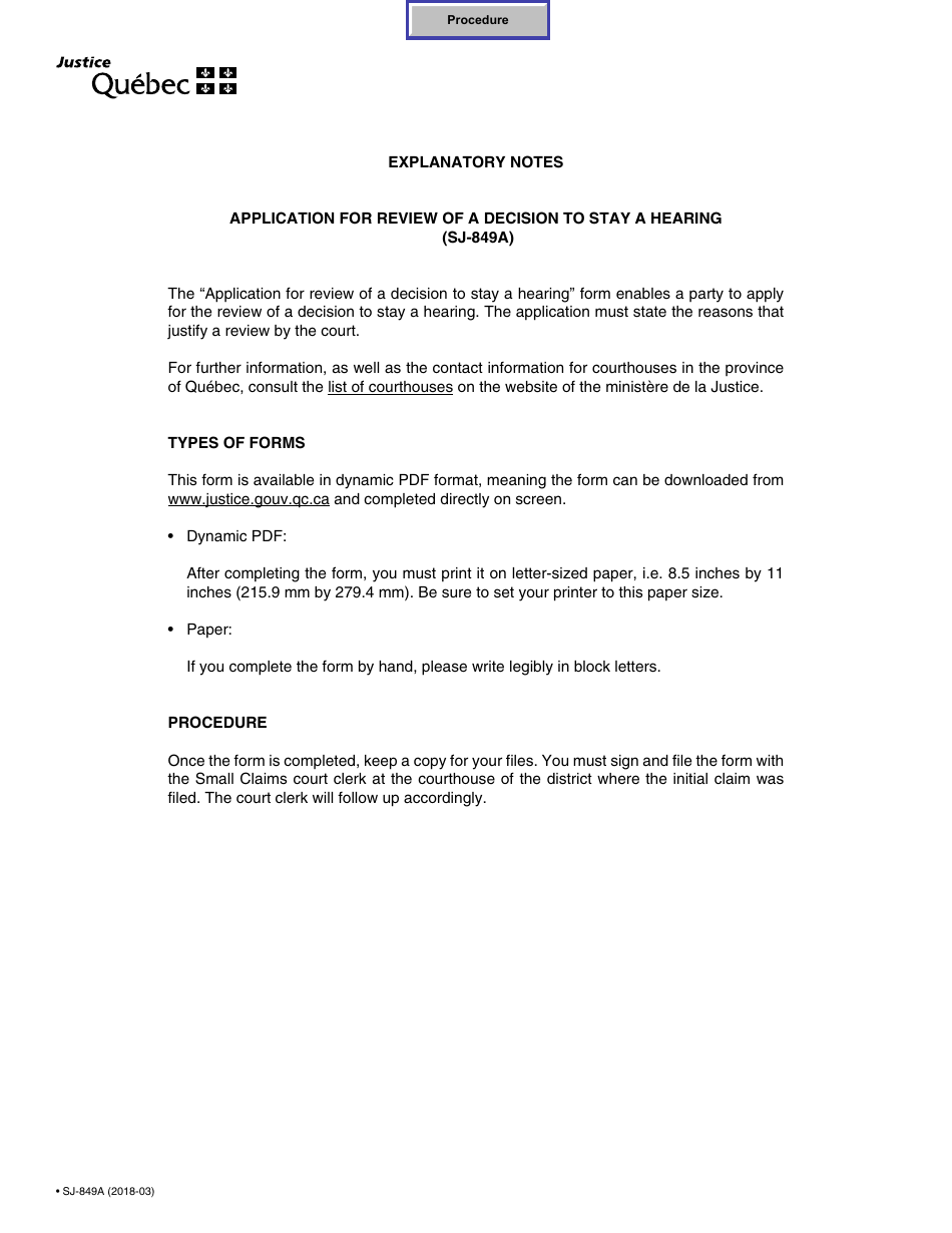 Form SJ-849A Application for Review of a Decision to Stay a Hearing - Quebec, Canada, Page 1