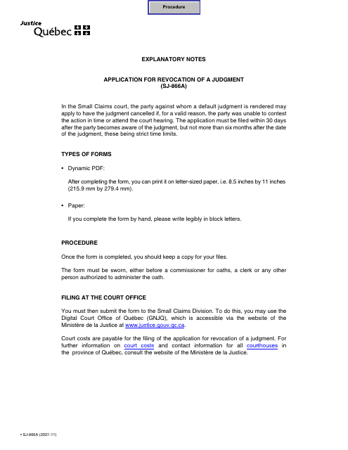 Form SJ-866A Application for Revocation of a Judgment - Quebec, Canada