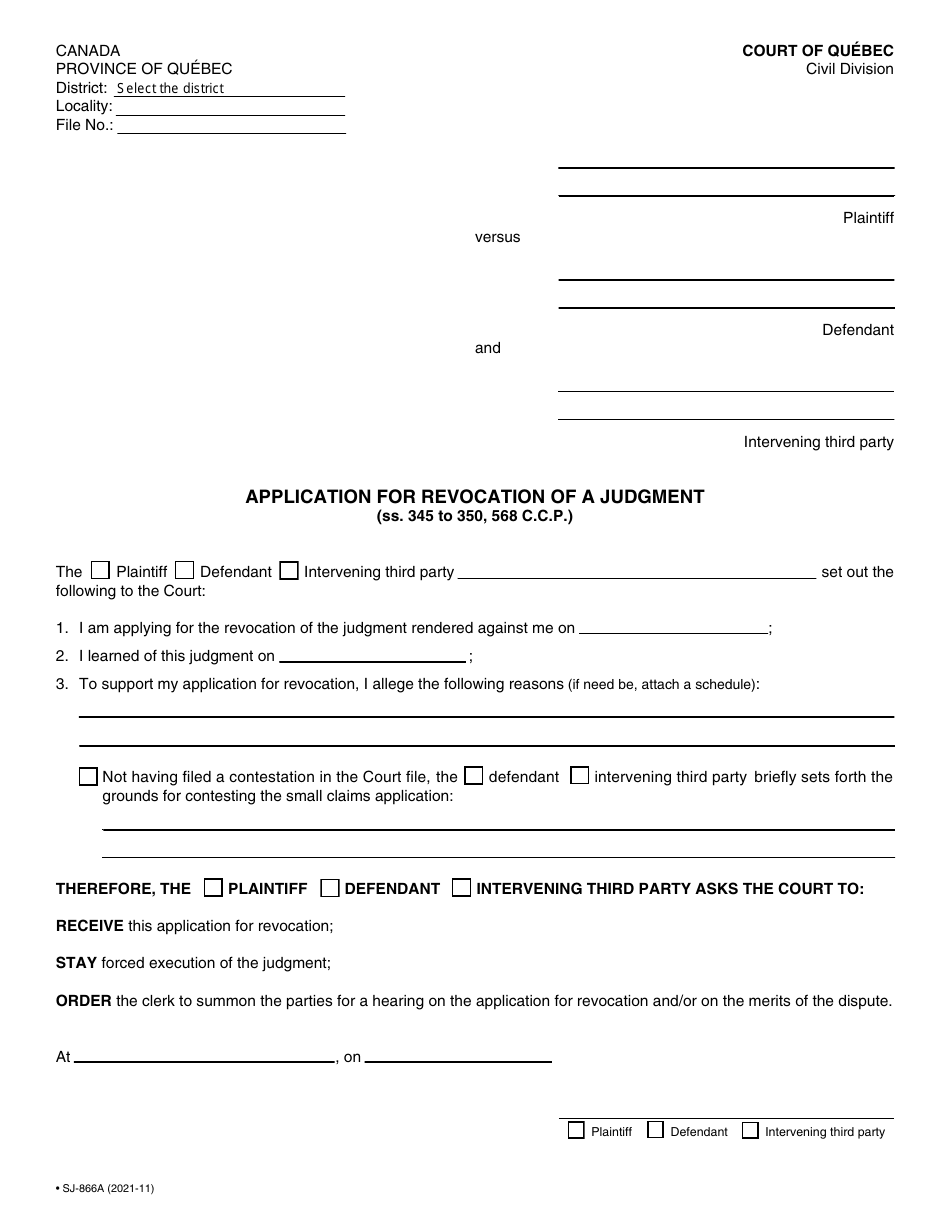 Form SJ-866A Application for Revocation of a Judgment - Quebec, Canada, Page 2