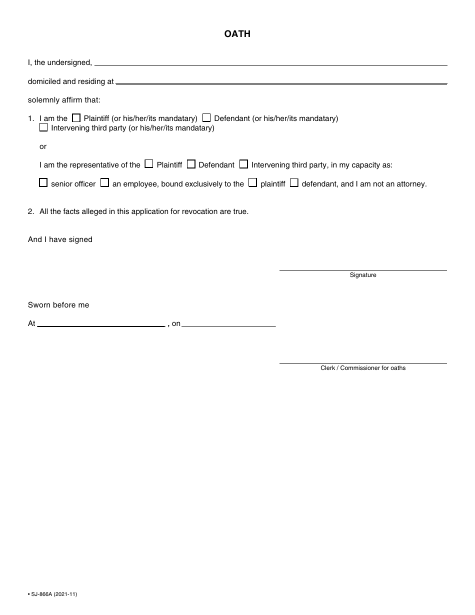 Form SJ-866A Application for Revocation of a Judgment - Quebec, Canada, Page 3