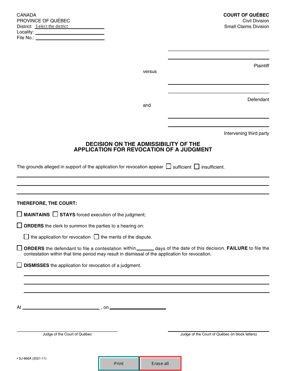 Form SJ-866A Application for Revocation of a Judgment - Quebec, Canada, Page 4