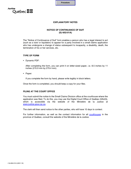 Form SJ-852-01A Notice of Continuance of Suit - Quebec, Canada