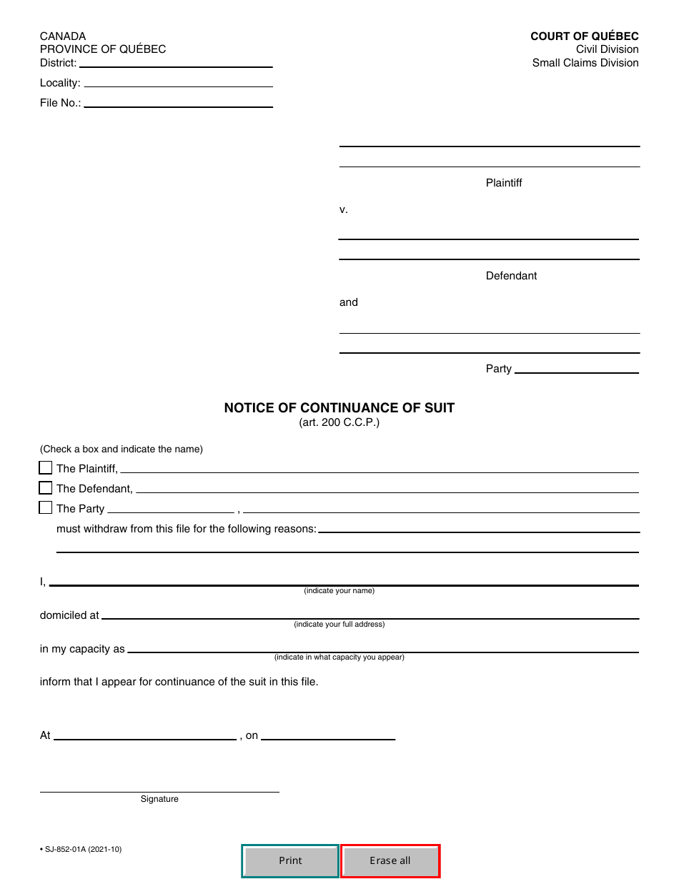 Form SJ-852-01A Notice of Continuance of Suit - Quebec, Canada, Page 2